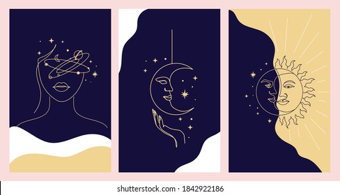 Mystical illustration set in one line art and linear style. Magical and mysterious posters with hand drawn elements. Continuous line moon,sun,stars, universe, woman, hands vector illustration