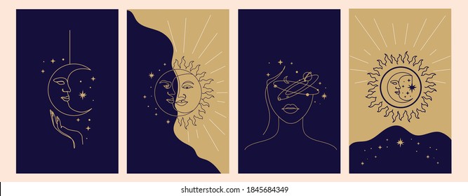 Mystical illustration set in one line art and linear style. Magical and mysterious posters with hand drawn elements. Continuous line moon,sun,stars, universe, woman, hands vector illustration