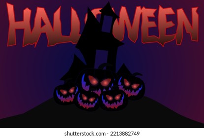 mystical illustration vector. Dark background with scary character silhouettes of three pumpkins. Halloween party graphic design.