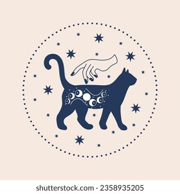 Mystical illustration of witchy hand and celestial black cat, witchcraft symbol, witchy esoteric objects
