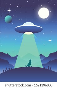 Mystical illustration of a wolf howling on UFO