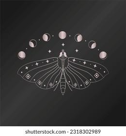 Mystical illustrations of butterfly with moon phases, magic illustration