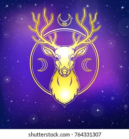Mystical image of a deer. Symbols of the moon. Gold imitation. Background - the night star sky. Vector illustration. Print, potser, t-shirt, card.
