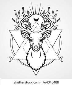 Mystical image of the head of a horned deer, sacred geometry, symbols of the moon. Black drawing isolated on a gray background. Vector illustration. Print, potser, t-shirt, card.