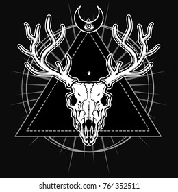 Mystical image of the skull of a horned deer, sacred geometry, symbols of the moon. White drawing isolated on a black background. Vector illustration. Print, potser, t-shirt, card.