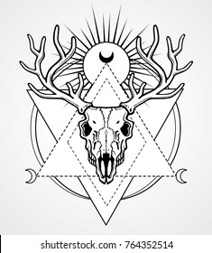 Mystical image of the  skull of a horned deer, sacred geometry, symbols of the moon. Black drawing isolated on a gray background. Vector illustration. Print, potser, t-shirt, card.