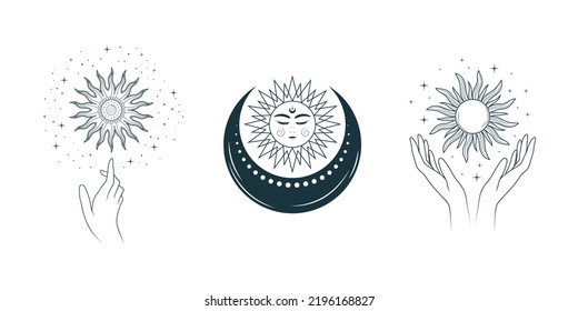 Imágenes místicas de manos y luna sosteniendo el sol. Ilustración esotérica vectorial en estilo boho aislado en blanco. Diseño celestial para astrología, tarjetas tarot, tatuajes y pegatinas.