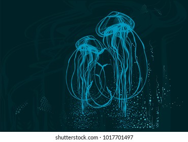 Mystical jellyfish. Graphic illustration. Jellyfish in the sea. Can be used as illustration, background, decoration.