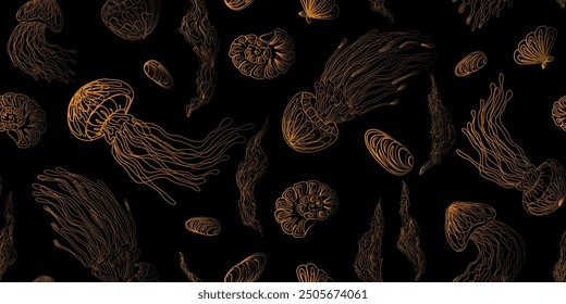 Mystical jellyfish pattern vector seamless pattern rapport golden gradient