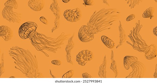 Mystical jellyfish pattern vector seamless pattern rapport golden gradient