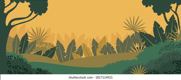 Mystical jungle at sunset background. Emerald grass with tropical ferns and palm trees on horizon soft yellow of setting sun mysterious pacifying landscape of vector amazon.