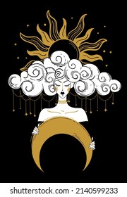 Mystical lady holding a crescent moon in her hands, illustration for tarot, astrology, fortune telling. The concept of mental balance, fate and spiritual choice. Magic card, t-shirt print poster