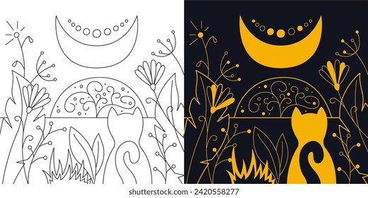 Mystical landscape with a crescent moon, flowers and a cat. Two-color and black and white outline vector illustration.