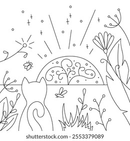 Mystical landscape with flowers and a cat. Black and white outline illustration.