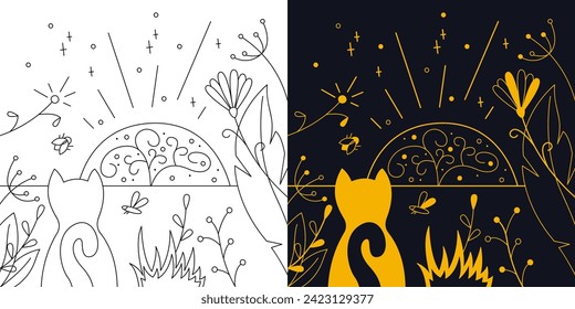 Mystical landscape with flowers and a cat. Two-color and black and white outline vector illustration.