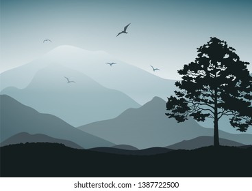 Mystical landscape. Mountains and tree. Tourism and travelling. Vector flat design