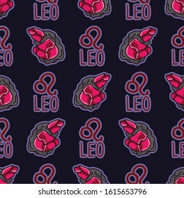 Signo de estrella de Leo místico con cristal de piedra de nacimiento ruby, patrón vectorial sin fisuras. Antecedentes geológicos dibujados a mano. El orden mágico a la moda, la decoración de la casa zodiac. Tipografía esotérica por todos lados. 