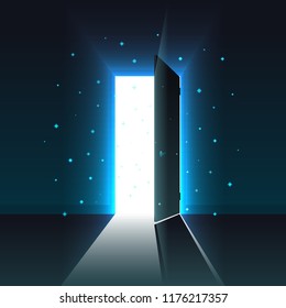 Mystical light from the open door of a dark room, abstract glowing exit, background, template, mock up