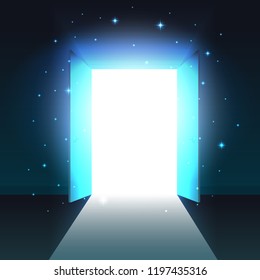 Mystical light from the open door of a dark room, abstract glowing exit, background, open double door template, mock up