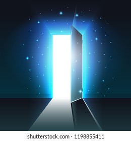 Mystical light from the open door of a dark room, abstract glowing exit, background, open door template, mock up