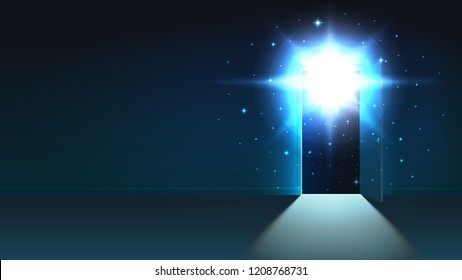 Mystical light from the open door of a dark room, open space, background, discovery, cosmos, abstract glowing exit, mock up