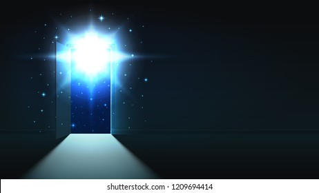 Mystical light from the open door of a dark room, open space, cosmos, background, discovery, abstract glowing exit, mock up