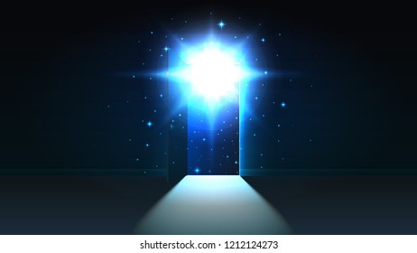 Mystical light from the open door of a dark room, open space, cosmos, background, discovery, abstract glowing exit, mock up