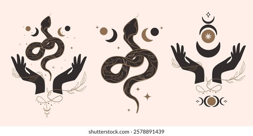 Mystical lillustration set with snake,open hands, and celestial symbols,moon phases and esoteric elements. Perfect for tattoo designs,spiritual art, boho decor, astrology, witchcraft aesthetics.Vector