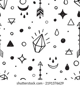 Mystical line art pattern. Сrystals, gem stones, diamonds, arrows and more. Boho astrology hand drawn illustration. Magic doodle for T-shirts and bags or tatoo decor