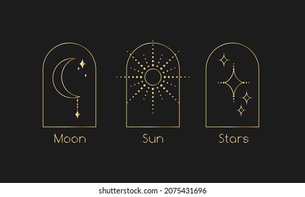 Mystical line art vector signs and symbols. Golden moon, sun, stars logos, tattoos, cards