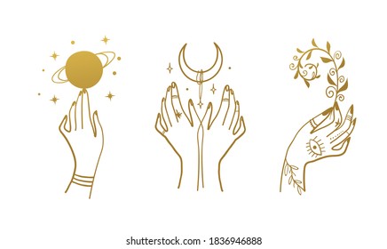 Mystical line drawings for boho design, tattoo, logo, gold foil. Hands with a planet, a crescent, a plant. Vector sketch isolated on white background