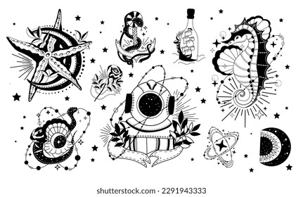 Mystical line of space and ocean. Minimalist esoteric moon, starfish, astronaut symbols for tattoo. Boho astrological snake. App mystic vector concept. Illustration occultism tattoo, esoteric witchcra