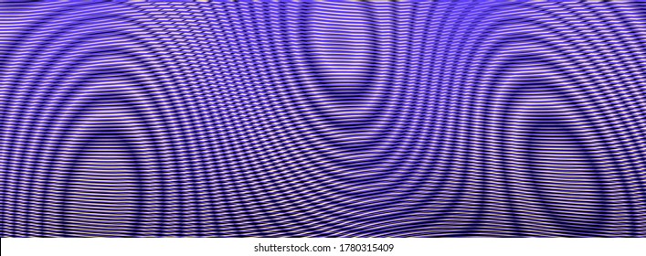 Mystical linear abstract horizontal vector background with optical illusion of wavy lines and moire effect. Psychedelic blending of stripes and rounded shapes in phantom blue colors. 