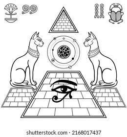 Mystical linear drawing: Sacred cats  goddess Bastet guard the pyramid. Sun Ra emerges from inside the pyramid. Vector illustration isolated on a white background. 