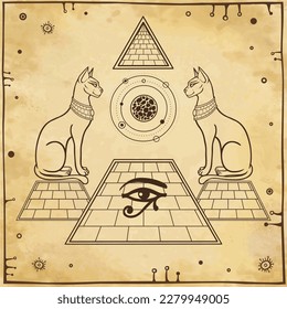 Mystical linear drawing: Sacred cats  goddess Bastet guard the pyramid. Sun Ra emerges from inside the pyramid. Background - imitation old paper. Vector illustration.