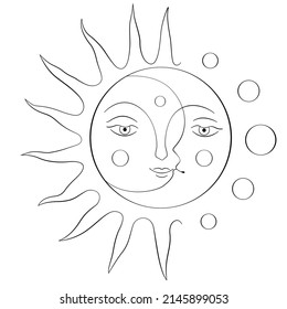 Mystical linear drawing of the Sun and Moon with a face in boho style. Vector illustration isolated on white background. Element for design, tattoo, sticker, logo.