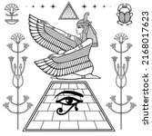 Mystical linear drawing: winged goddess Isis at top of the Egyptian pyramid. Papyrus flowers, hieroglyphs. Vector illustration isolated on a white background. 