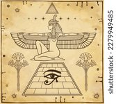 Mystical linear drawing: winged goddess Isis at top of the Egyptian pyramid. Papyrus flowers. Background - imitation old paper. Vector illustration.