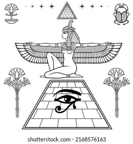 Dibujo lineal místico: la diosa alada Isis en la cima de la pirámide egipcia. Flores de papiro, jeroglíficos. Ilustración vectorial aislada en un fondo blanco. 
