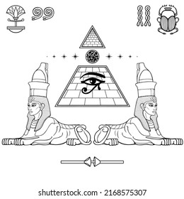 Mystical linear drawing: women sphinxes guard the Egyptian pyramid. All-Seeing Eye of the god Horus. Energy sphere inside pyramid. Vector illustration isolated on a white background. 