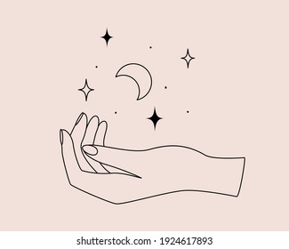 Mystical logo with magic symbol of hand, moon and stars in simple style. Vector illustration for meditation emblem, badge, sticker, print and temporary tattoo