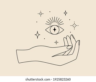 Mystical logo with magic symbol of hand, eye and stars in simple line style. Vector illustration for meditation emblem, badge, sticker, print and temporary tattoo