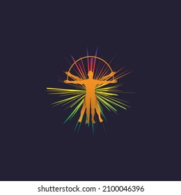 Mystical Logo Template Vector has silhouette of divine man with rainbow light.