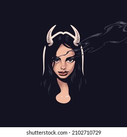 A mystical look. A devil woman with horns on her head. Black background. Magically it comes from the eyes.