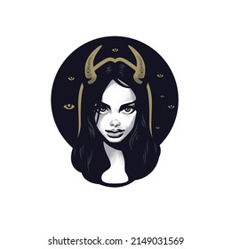 A mystical look. A devil woman with horns on her head. Black background. Magically it comes from the eyes.