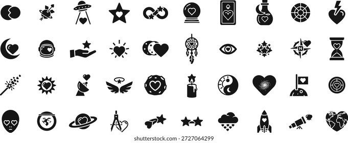 Conjunto de iconos de amor místico con símbolos de astrología y Elementos espaciales como planetas, estrellas y pociones mágicas para la marca espiritual