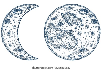 Mystical lunar sketch logo icon. For cosmetics, beauty, tattoo, spa, manicure, jewelry store. Moon and crescent in vintage hand drawn style. Boho style tattoo design. Mystical drawing.