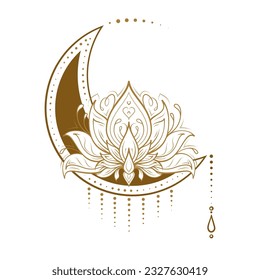 Mystical lunar tattoo with lotus flower. Celestial vector illustration.