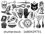Mystical magic boho elements. Witchcraft voodoo astrological set. Esoteric alchemy occult sketch for tattoo. Palmistry and skull, the hand of a dead man. Drawn Engraved Game Cards and Black Cat.