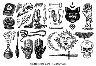 Mystical magic boho elements. Witchcraft astrological set. Esoteric alchemy occult sketch for tattoo. Palmistry and skull, the hand of a dead man. Drawn Engraved Game Cards and Black Cat.